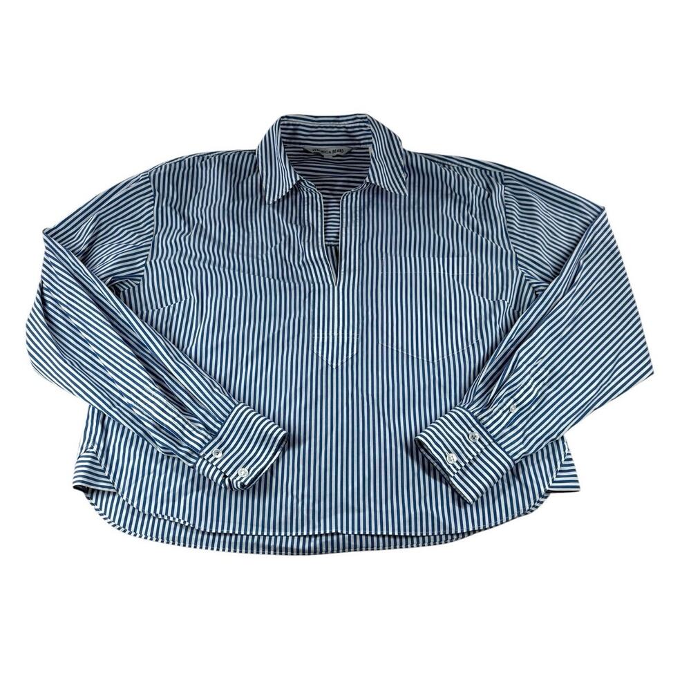 Veronica Beard Khai Striped Popover Shirt 8 Blue White V Neck Relaxed Cotton